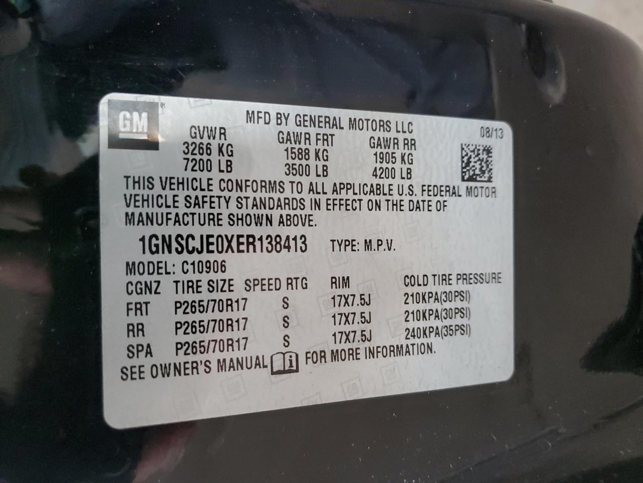 2014 Chevrolet Suburban C1500 Lt VIN: 1GNSCJE0XER138413 Lot: 84211905