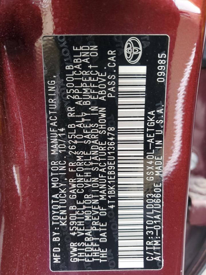 2014 Toyota Avalon Base VIN: 4T1BK1EB9EU136478 Lot: 86299805