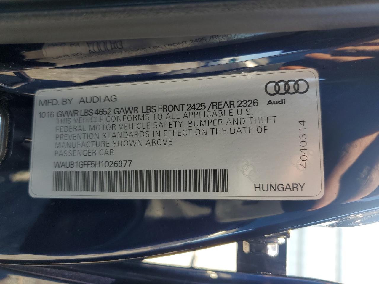 2017 Audi S3 Premium Plus VIN: WAUB1GFF5H1026977 Lot: 89465585