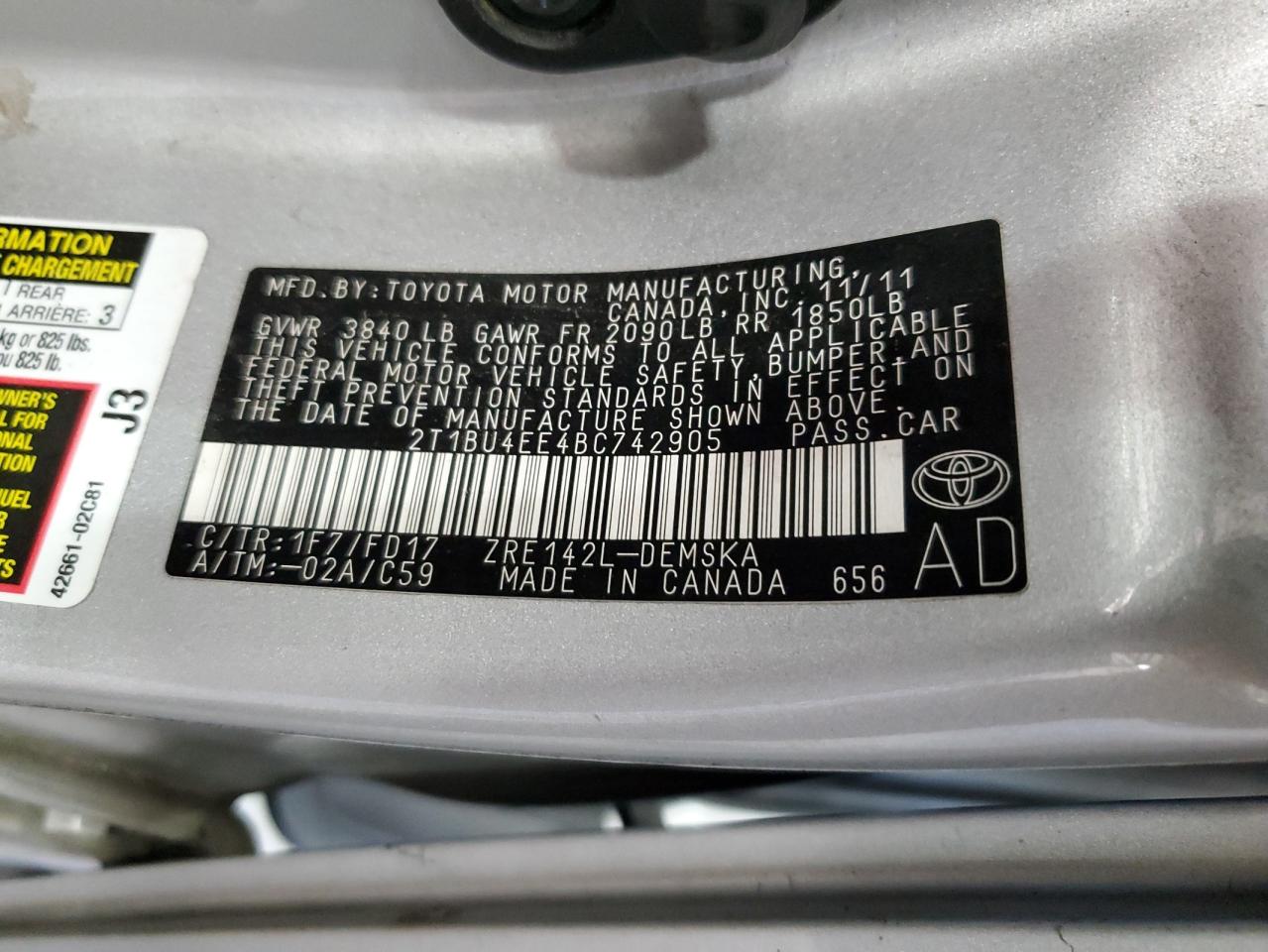 2011 Toyota Corolla Base VIN: 2T1BU4EE4BC742905 Lot: 85744545