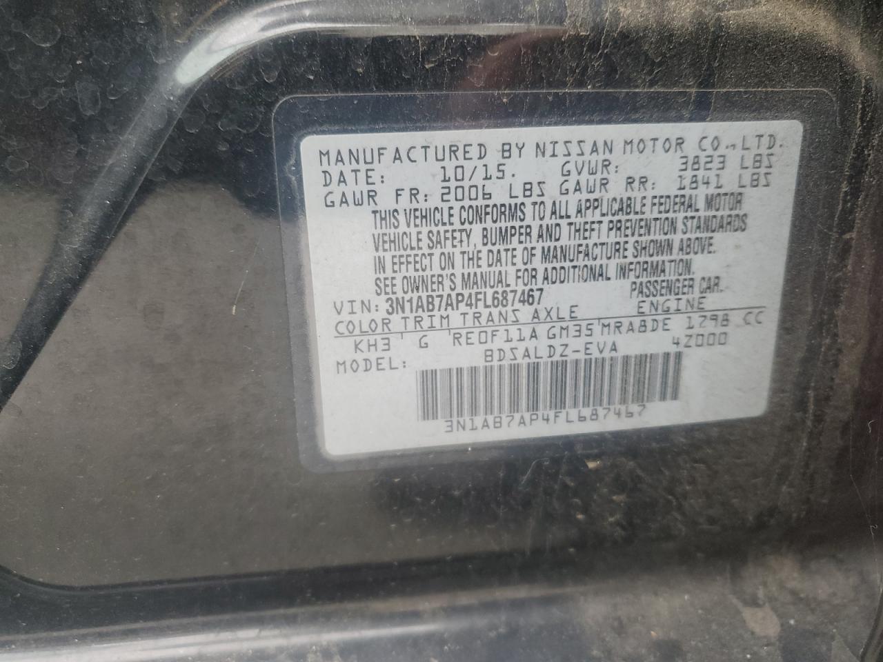 2015 Nissan Sentra S VIN: 3N1AB7AP4FL687467 Lot: 85202385