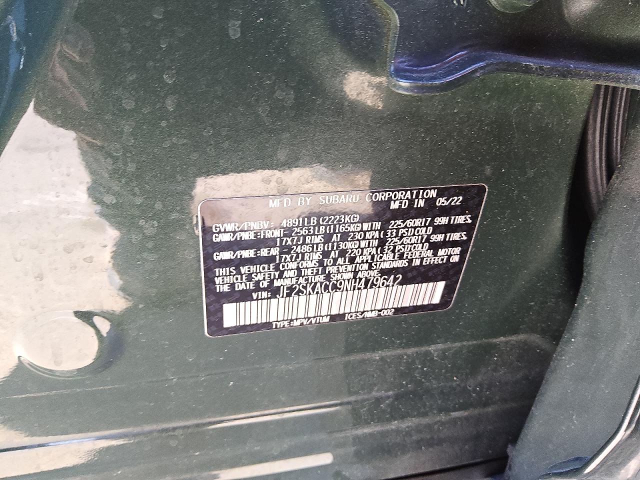 2022 Subaru Forester VIN: JF2SKACC9NH479642 Lot: 86550515