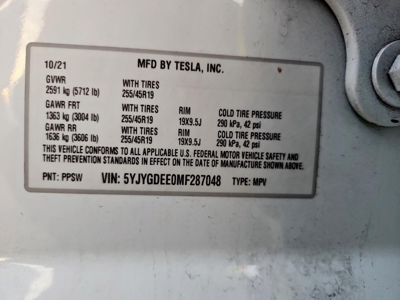2021 Tesla Model Y VIN: 5YJYGDEE0MF287048 Lot: 82197515