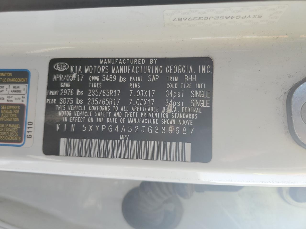 2018 Kia Sorento Lx VIN: 5XYPG4A52JG339687 Lot: 86883985