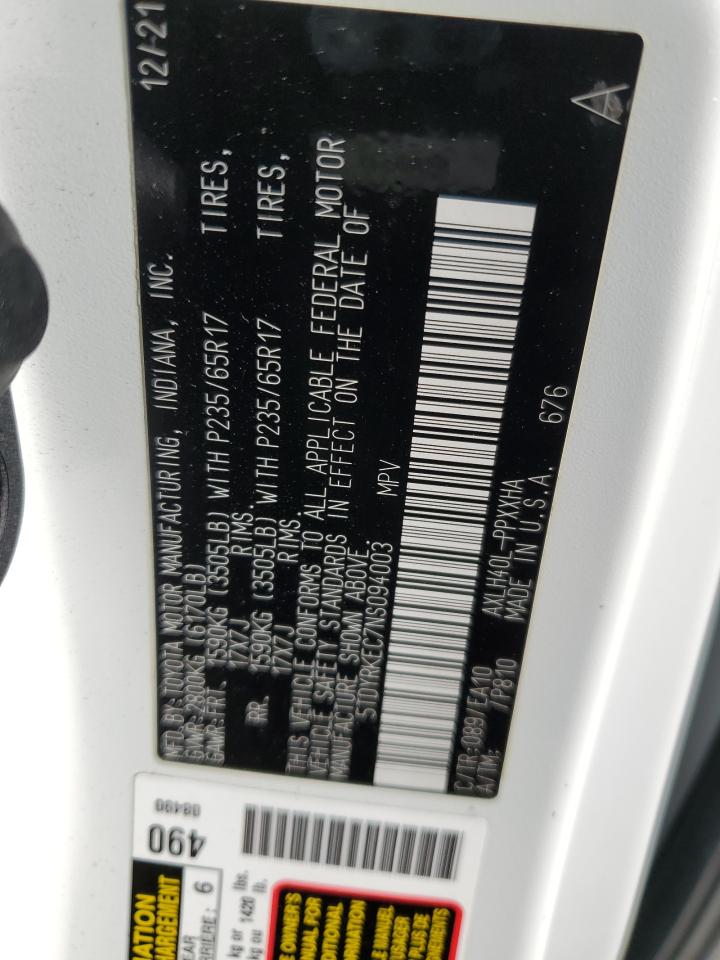 2022 Toyota Sienna Xle VIN: 5TDYRKEC7NS094003 Lot: 85600825