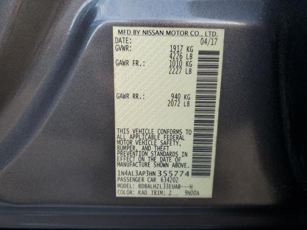 2017 Nissan Altima 2.5 VIN: 1N4AL3AP3HN355774 Lot: 85361145