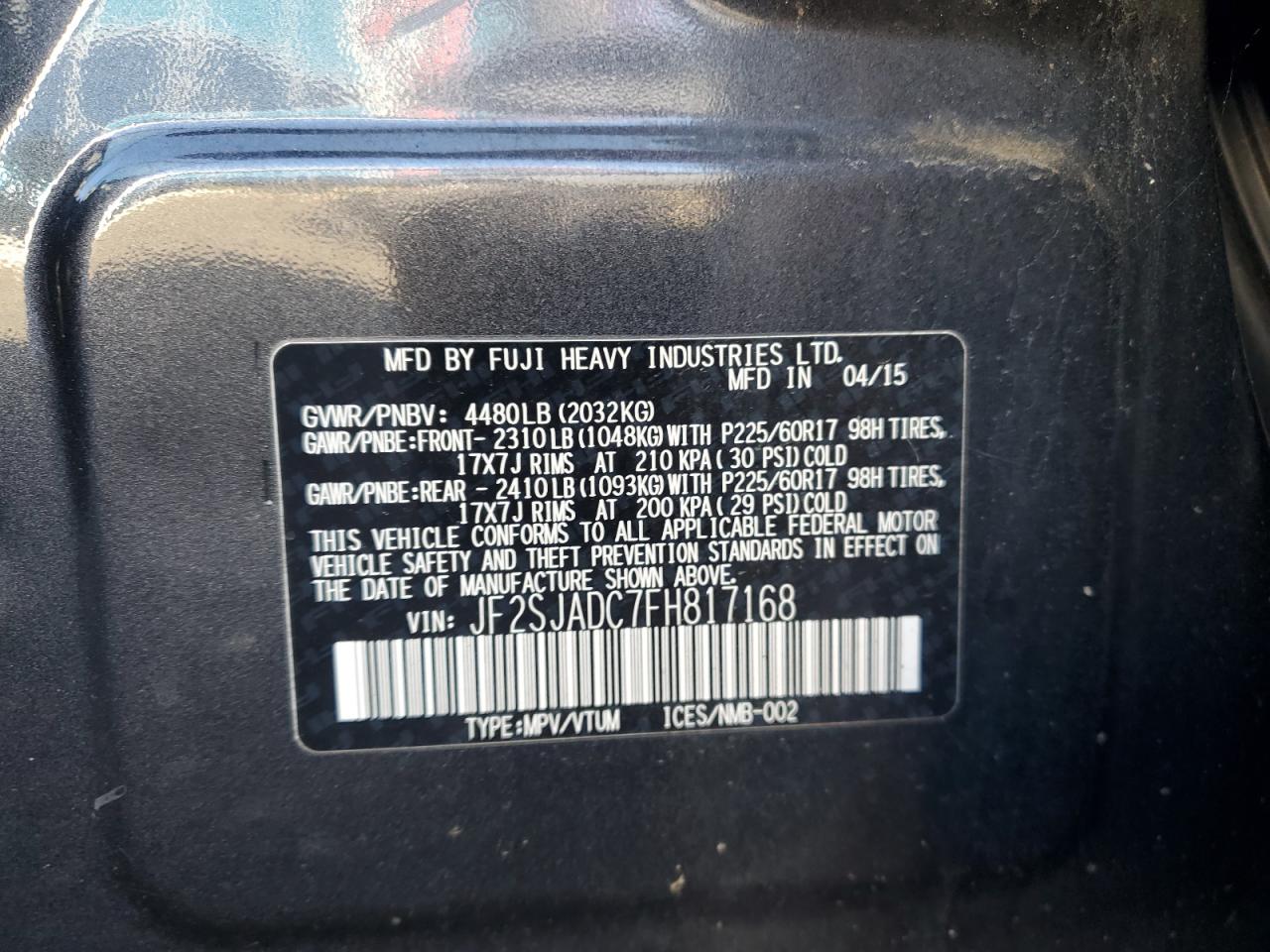 2015 Subaru Forester 2.5I Premium VIN: JF2SJADC7FH817168 Lot: 86893525