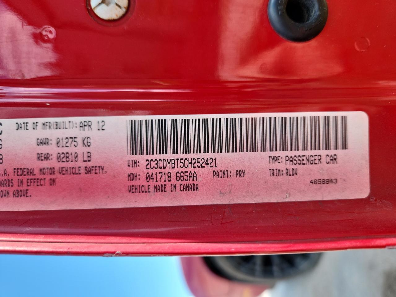 2012 Dodge Challenger R/T VIN: 2C3CDYBT5CH252421 Lot: 70842495