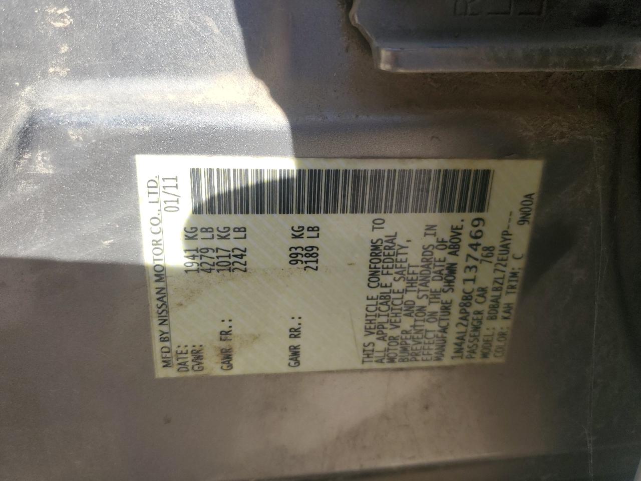 2011 Nissan Altima Base VIN: 1N4AL2AP8BC137469 Lot: 90914405