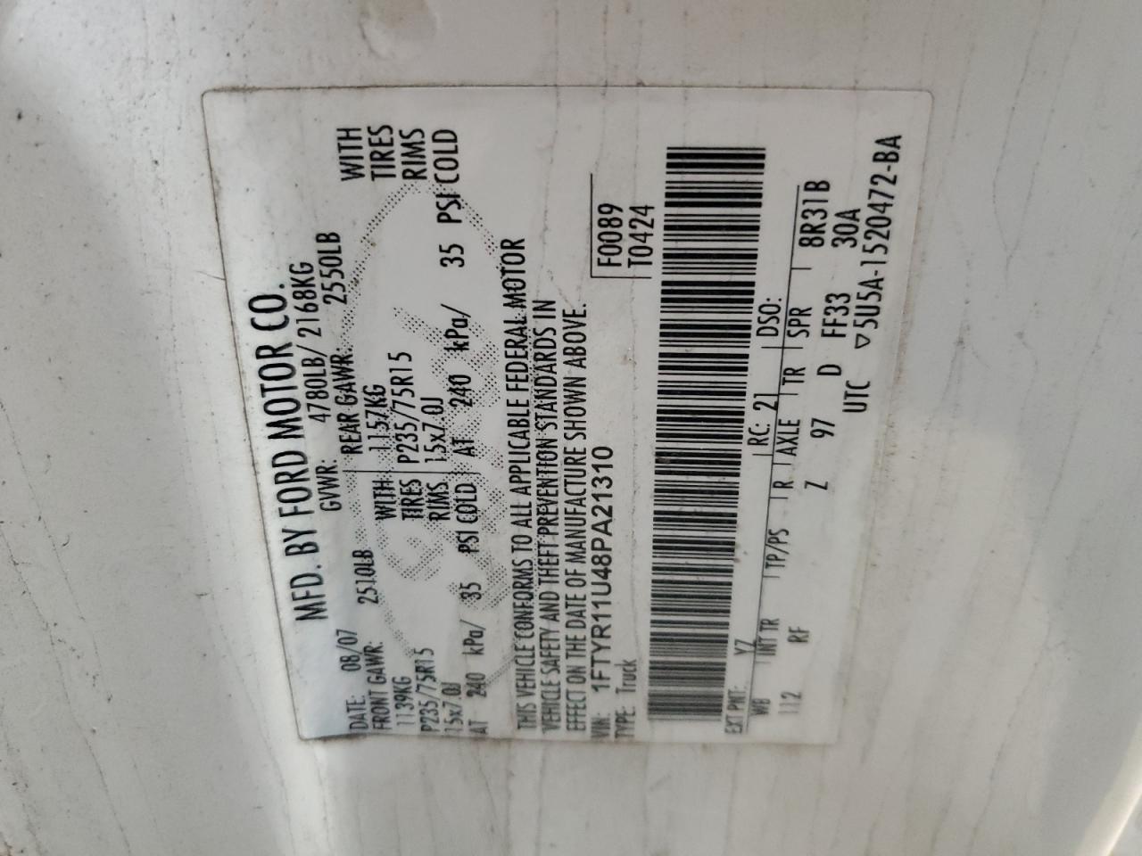 2008 Ford Ranger VIN: 1FTYR11U48PA21310 Lot: 90824835