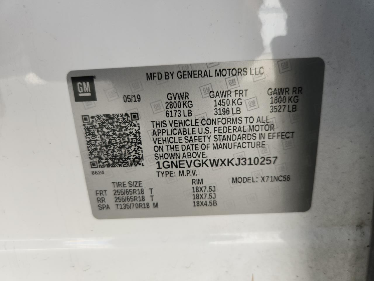 2019 Chevrolet Traverse Lt VIN: 1GNEVGKWXKJ310257 Lot: 81965515