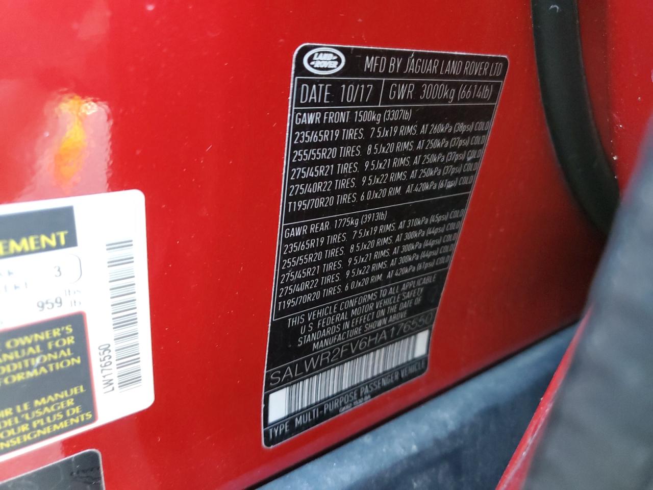 2017 Land Rover Range Rover Sport Hse VIN: SALWR2FV6HA176550 Lot: 89626235