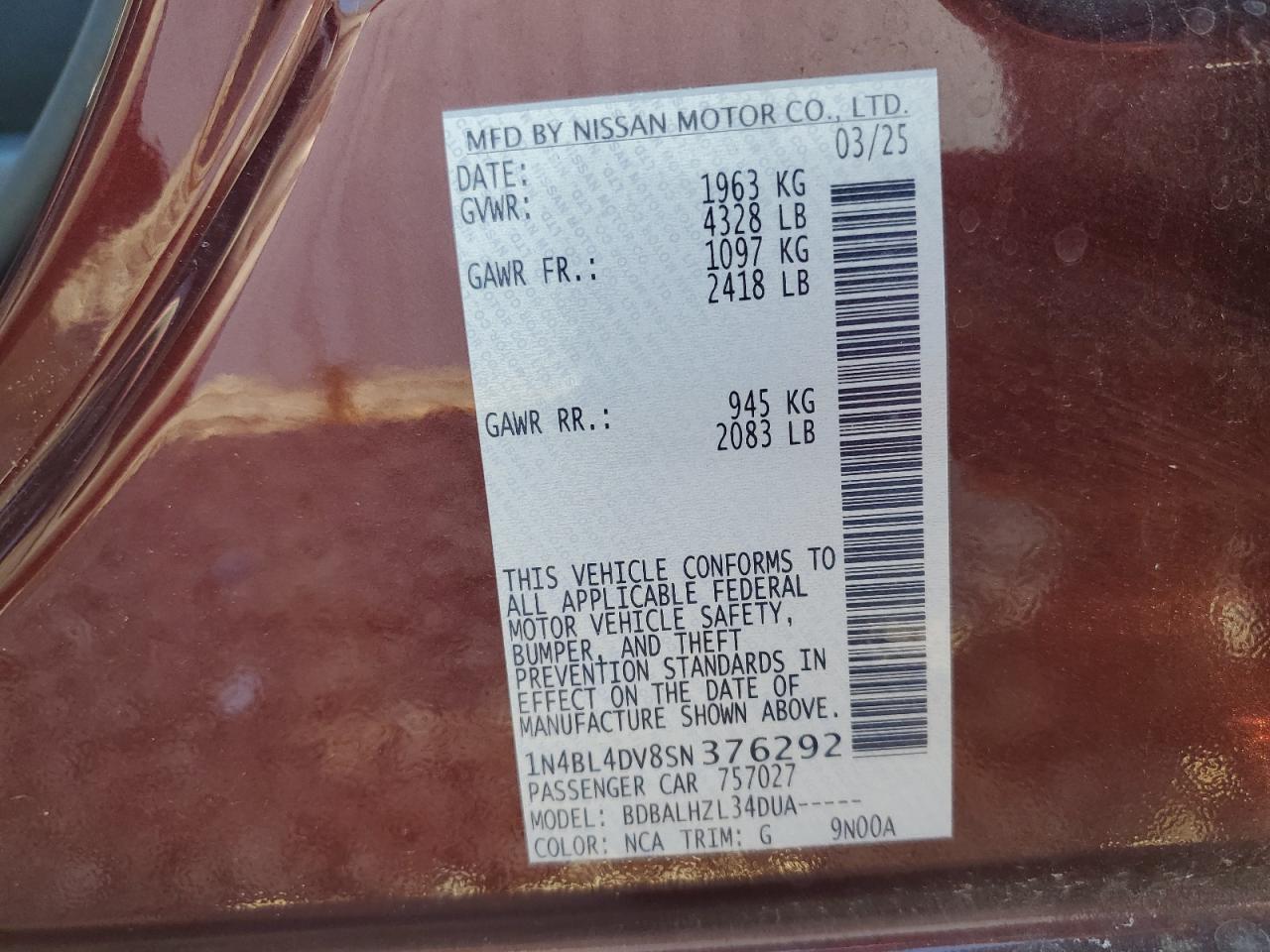 2025 Nissan Altima Sv VIN: 1N4BL4DV8SN376292 Lot: 86104915