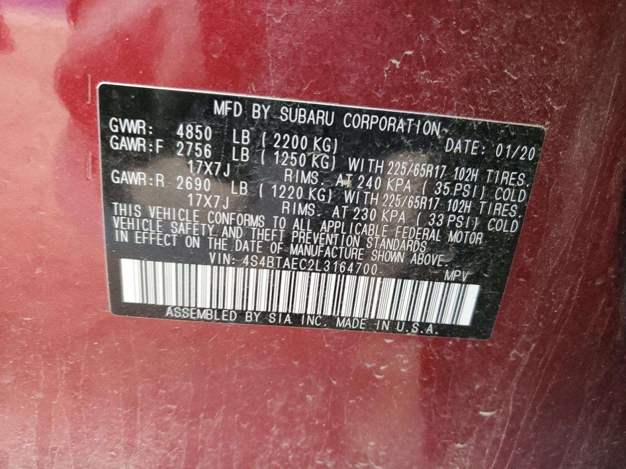 2020 Subaru Outback Premium VIN: 4S4BTAEC2L3164700 Lot: 82441765