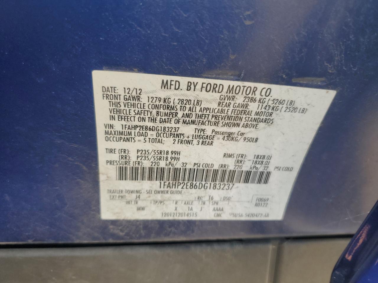2013 Ford Taurus Sel VIN: 1FAHP2E86DG183237 Lot: 85579655