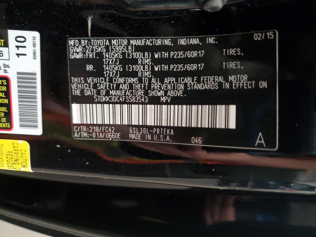 2015 Toyota Sienna Le VIN: 5TDKK3DC4FS583543 Lot: 84879605