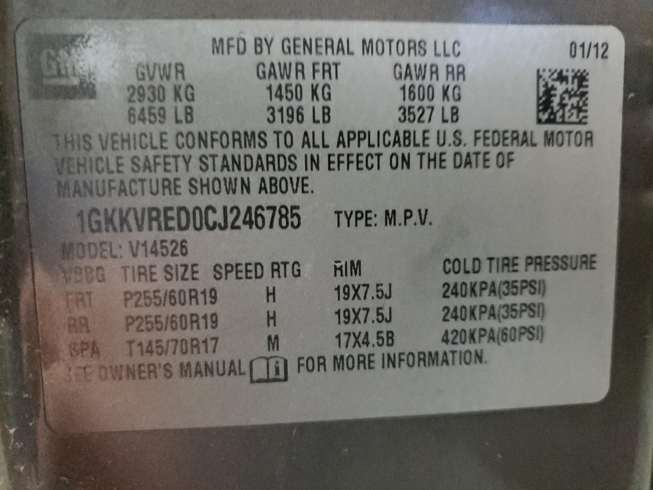 2012 GMC Acadia Slt-1 VIN: 1GKKVRED0CJ246785 Lot: 86444245