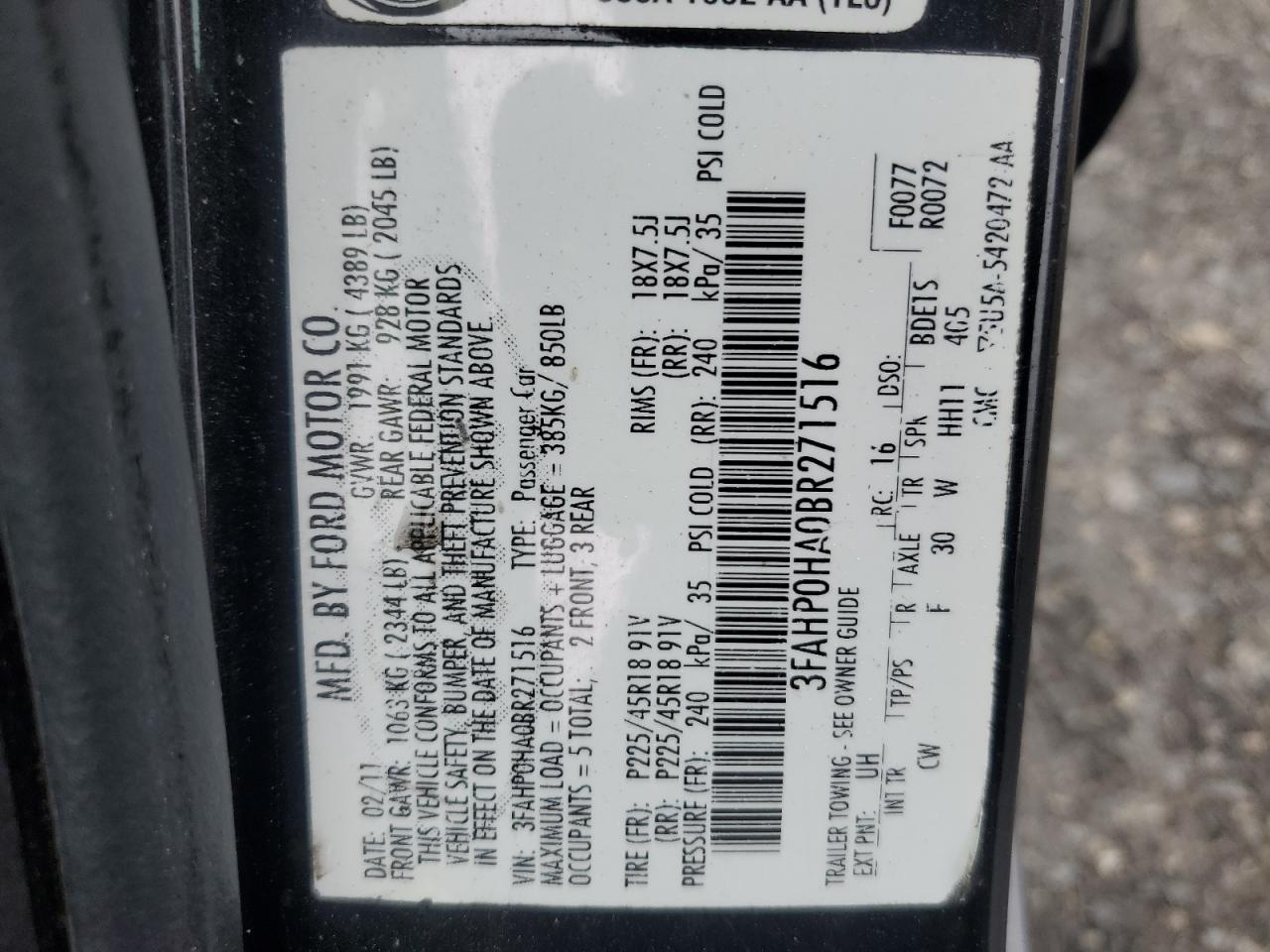2011 Ford Fusion Se VIN: 3FAHP0HA0BR271516 Lot: 85601485