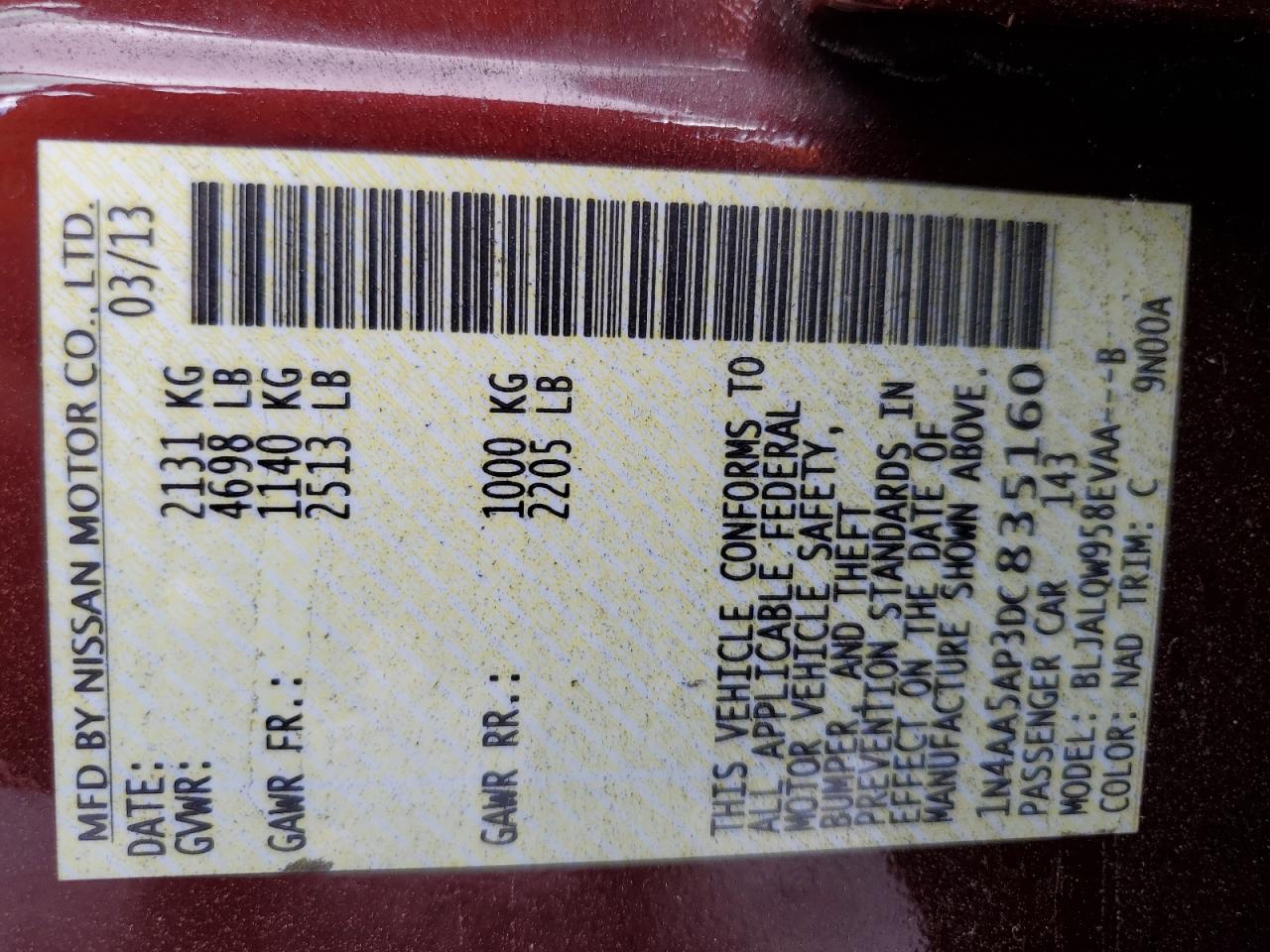 2013 Nissan Maxima S VIN: 1N4AA5AP3DC835160 Lot: 82035755