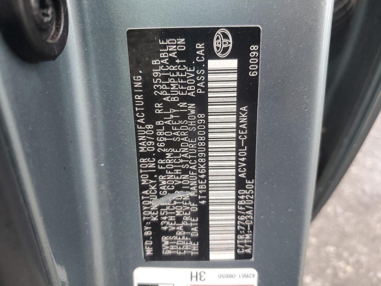 2009 Toyota Camry Base VIN: 4T1BE46K89U880098 Lot: 85677755