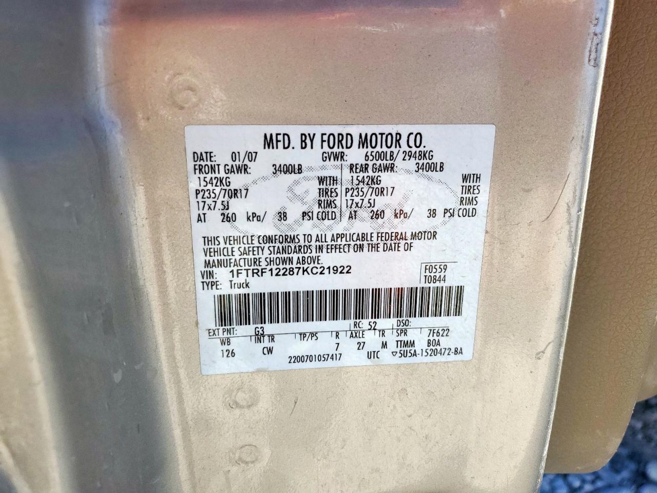 2007 Ford F150 VIN: 1FTRF12287KC21922 Lot: 90651615
