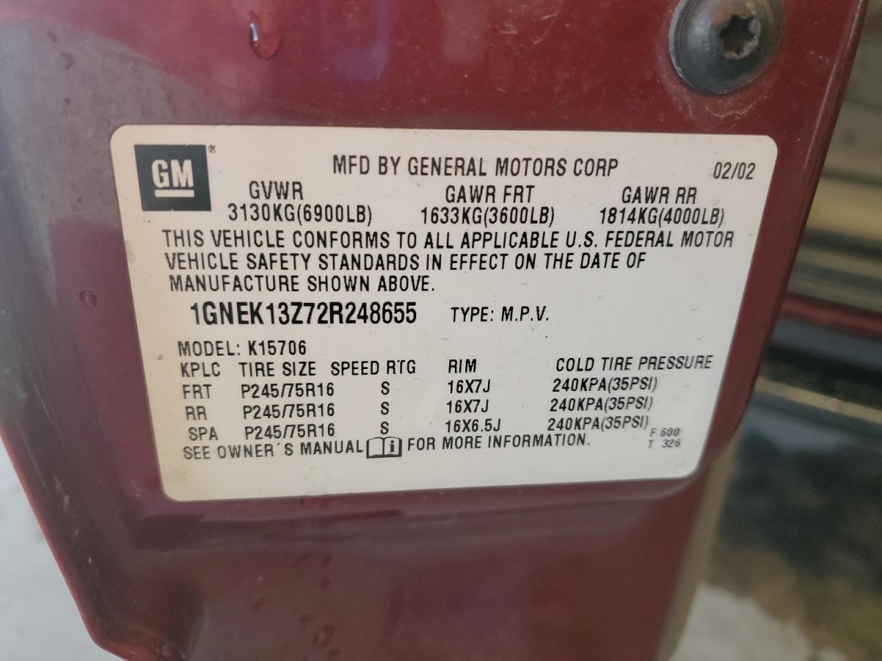 2002 Chevrolet Tahoe K1500 VIN: 1GNEK13Z72R248655 Lot: 85114715