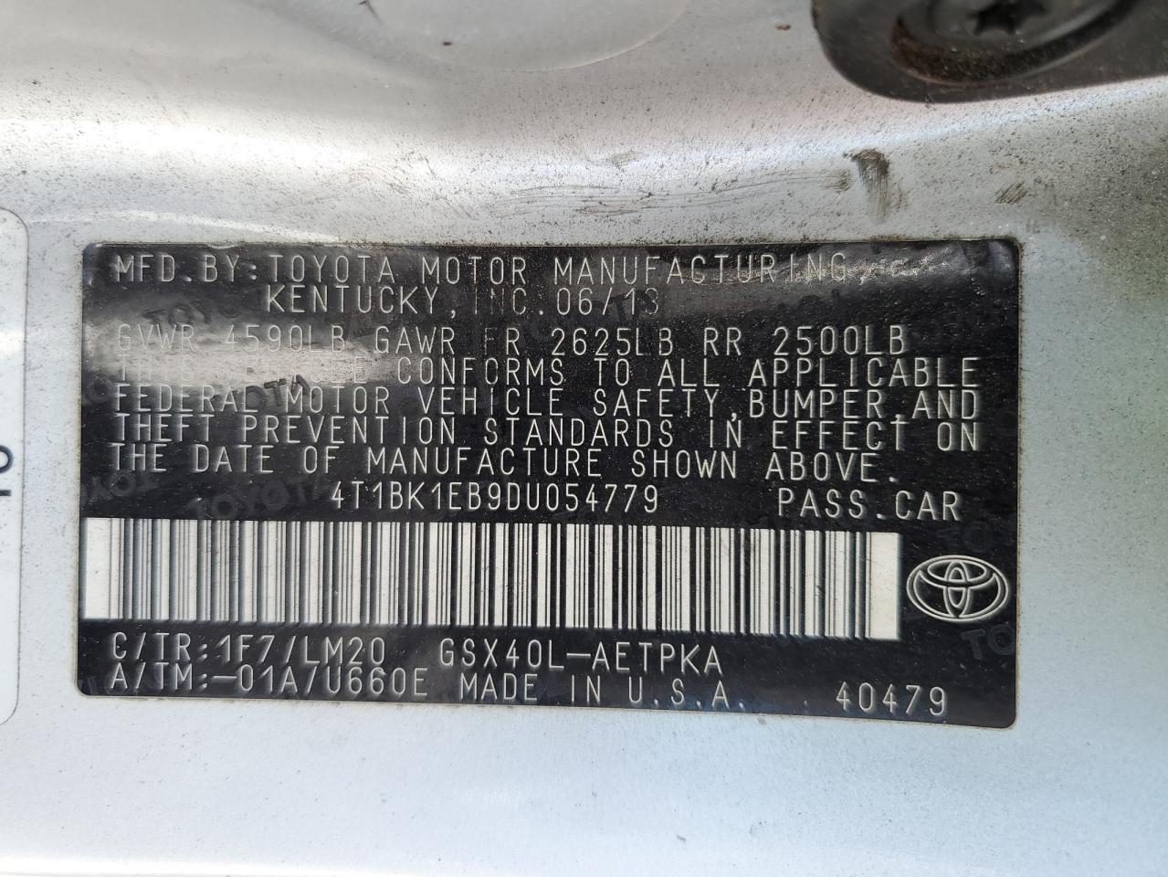 2013 Toyota Avalon Base VIN: 4T1BK1EB9DU054779 Lot: 82424825