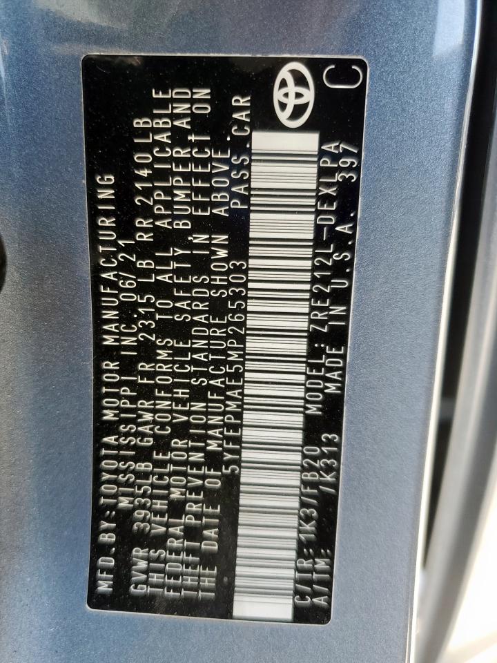 2021 Toyota Corolla Le VIN: 5YFEPMAE5MP265303 Lot: 85885325