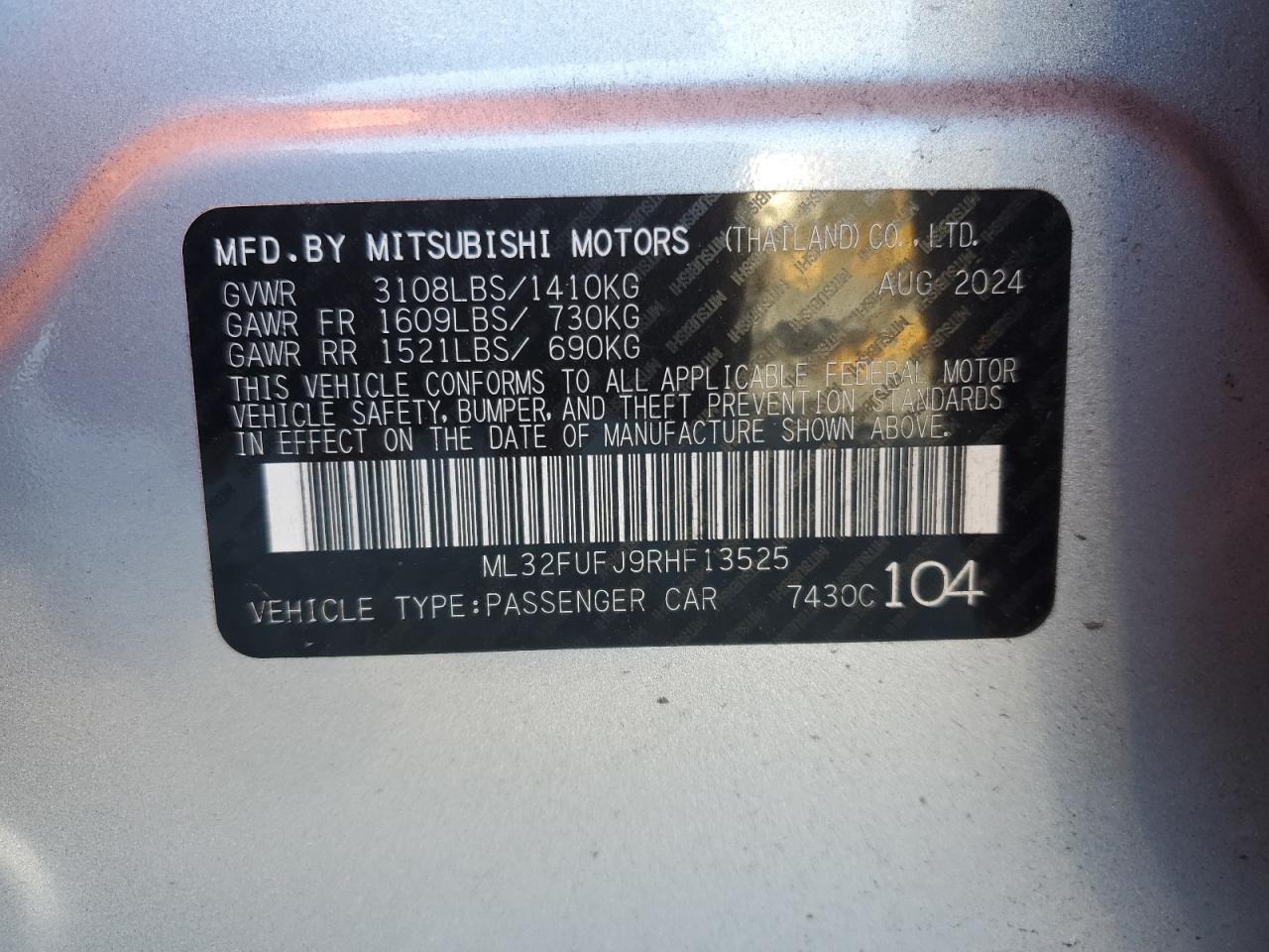 2024 Mitsubishi Mirage G4 Es VIN: ML32FUFJ9RHF13525 Lot: 86478465