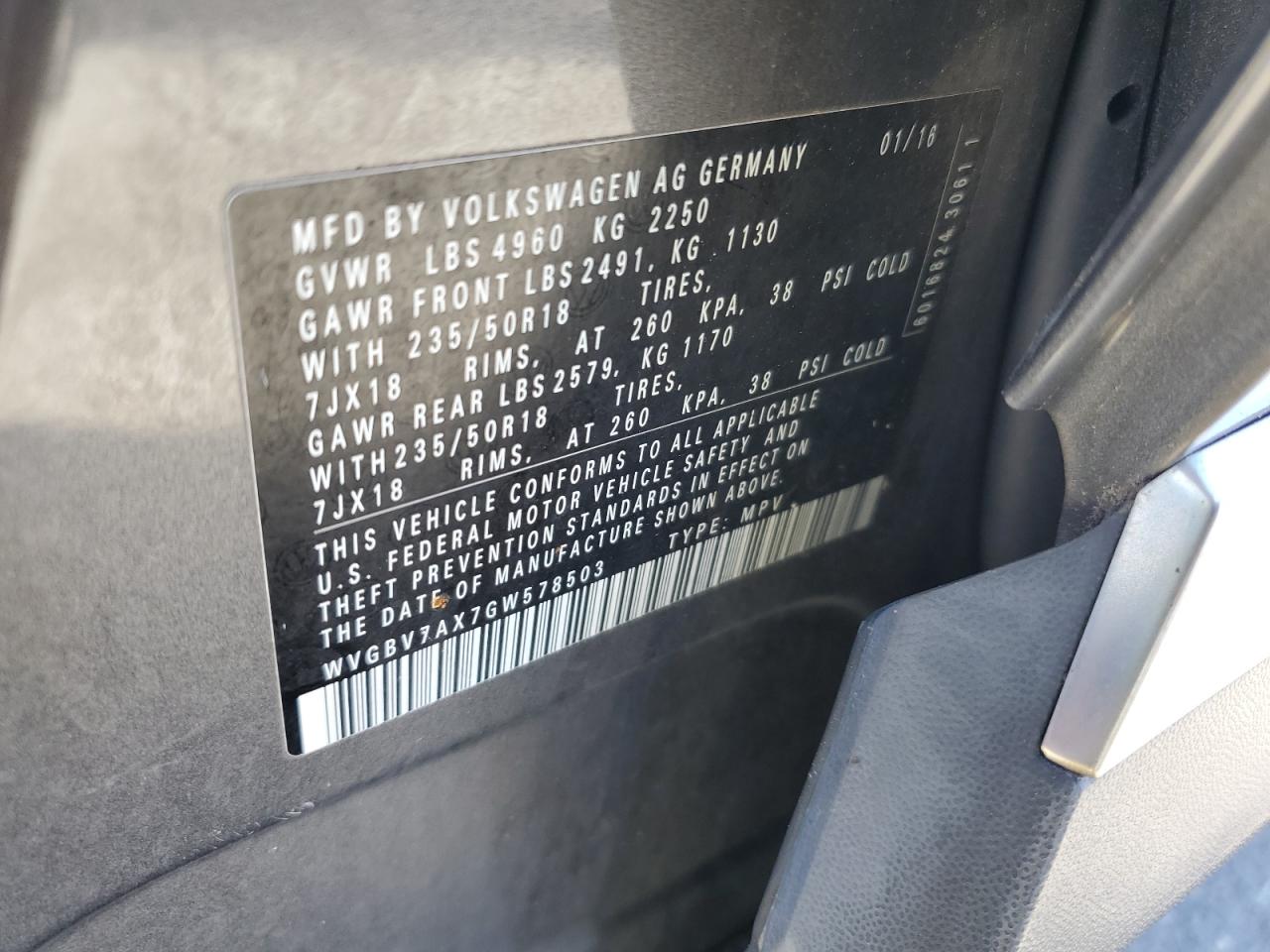 2016 Volkswagen Tiguan S VIN: WVGBV7AX7GW578503 Lot: 85491645