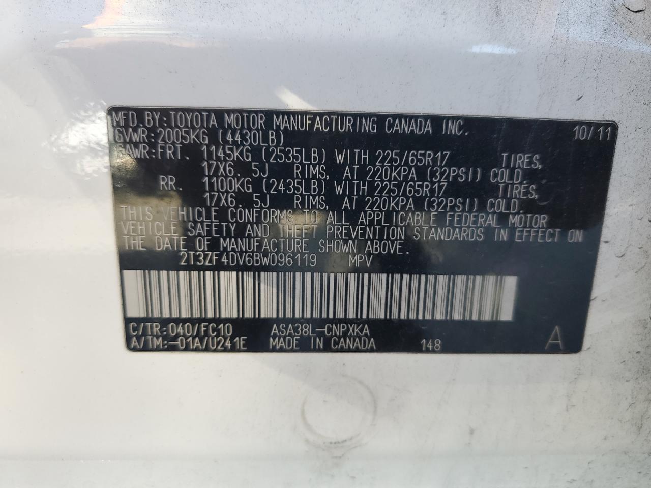 2011 Toyota Rav4 VIN: 2T3ZF4DV6BW096119 Lot: 82347445