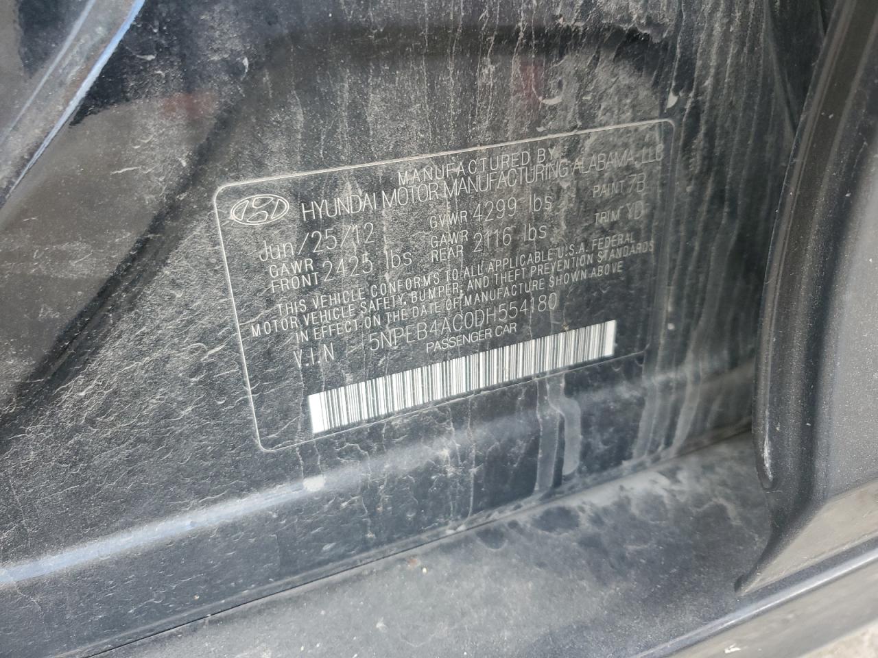 2013 Hyundai Sonata Gls VIN: 5NPEB4AC0DH554180 Lot: 85810665