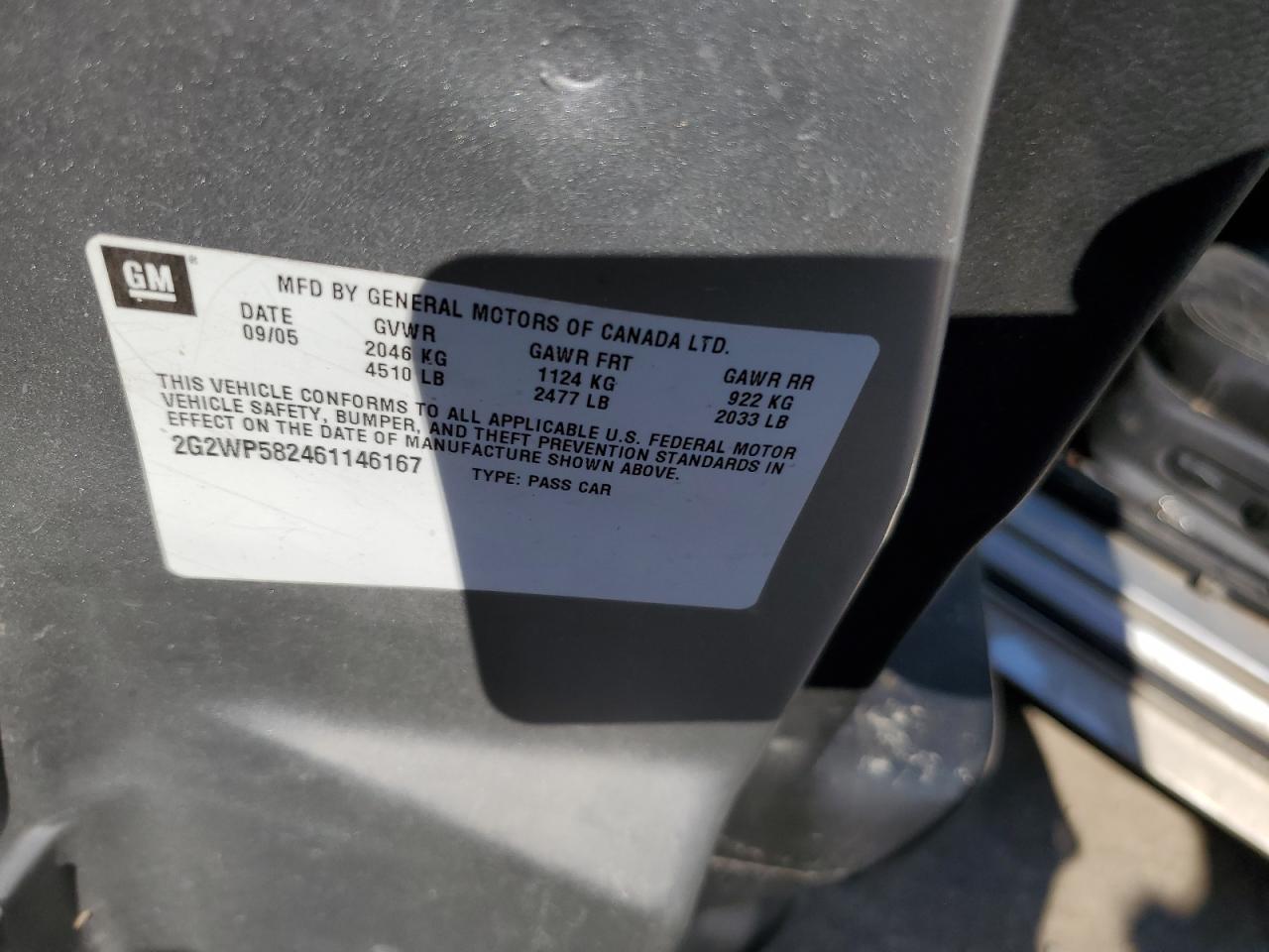 2006 Pontiac Grand Prix VIN: 2G2WP582461146167 Lot: 86270435