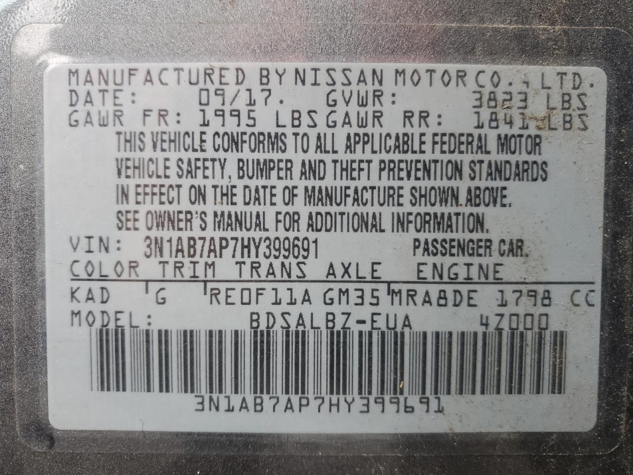 2017 Nissan Sentra S VIN: 3N1AB7AP7HY399691 Lot: 86087305