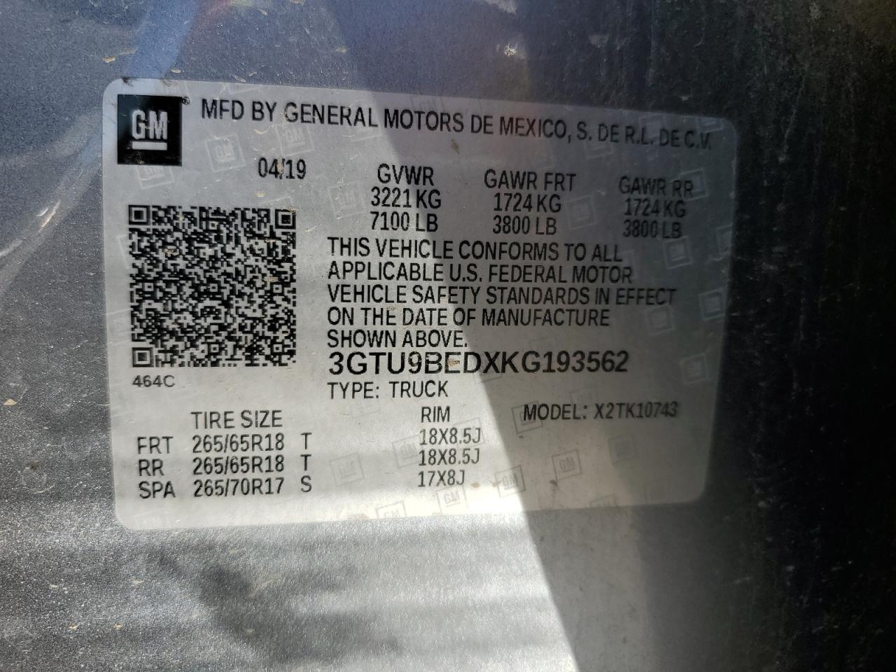 2019 GMC Sierra K1500 Sle VIN: 3GTU9BEDXKG193562 Lot: 80883445