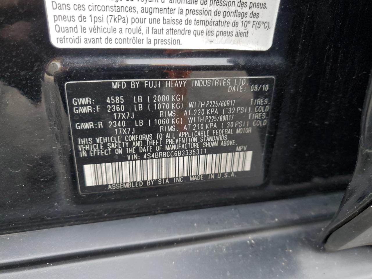 2011 Subaru Outback 2.5I Premium VIN: 4S4BRBCC6B3335311 Lot: 85824645