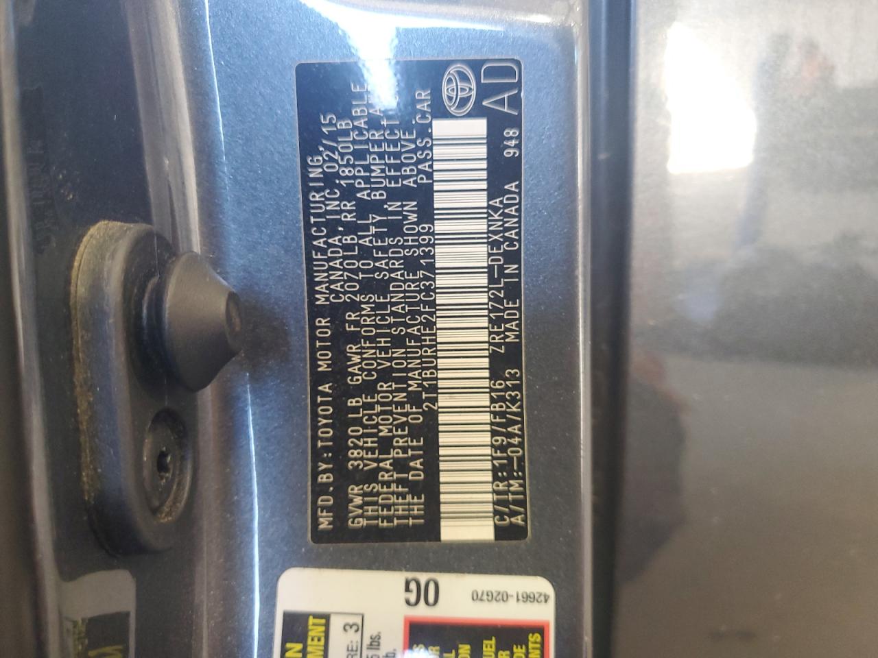 2015 Toyota Corolla L VIN: 2T1BURHE2FC371399 Lot: 85368785