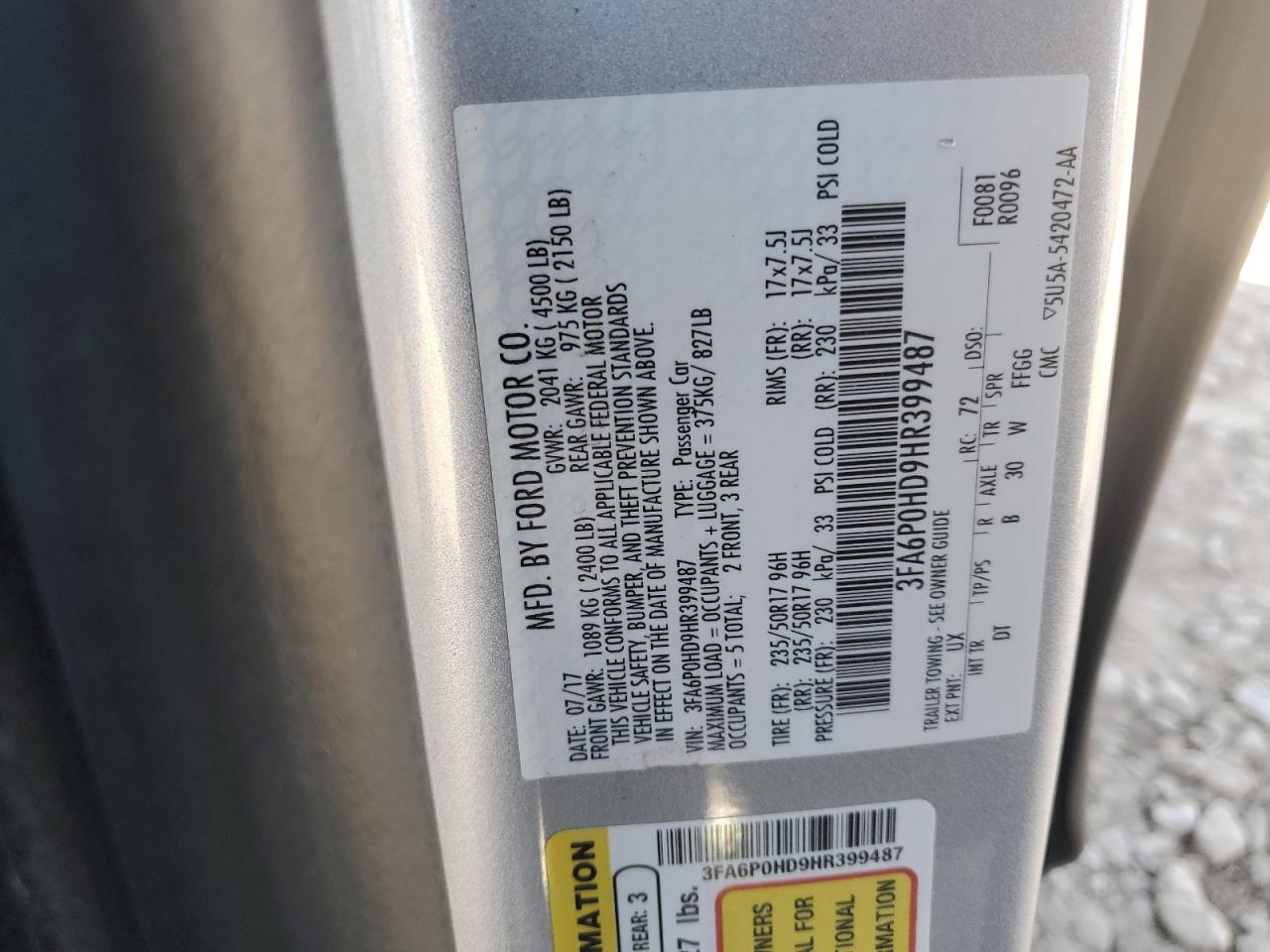 2017 Ford Fusion Se VIN: 3FA6P0HD9HR399487 Lot: 90733005