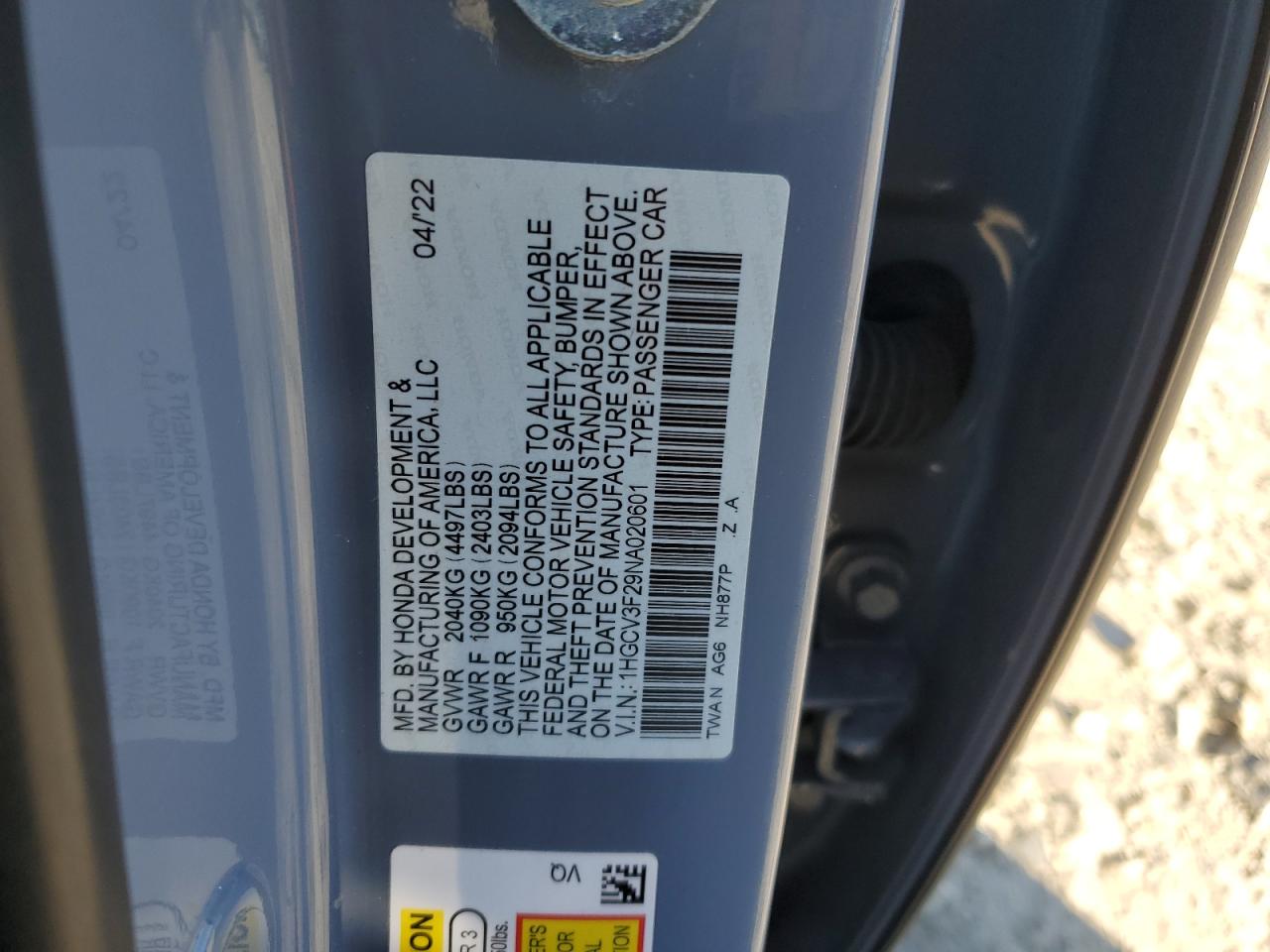 2022 Honda Accord Hybrid Sport VIN: 1HGCV3F29NA020601 Lot: 84811475
