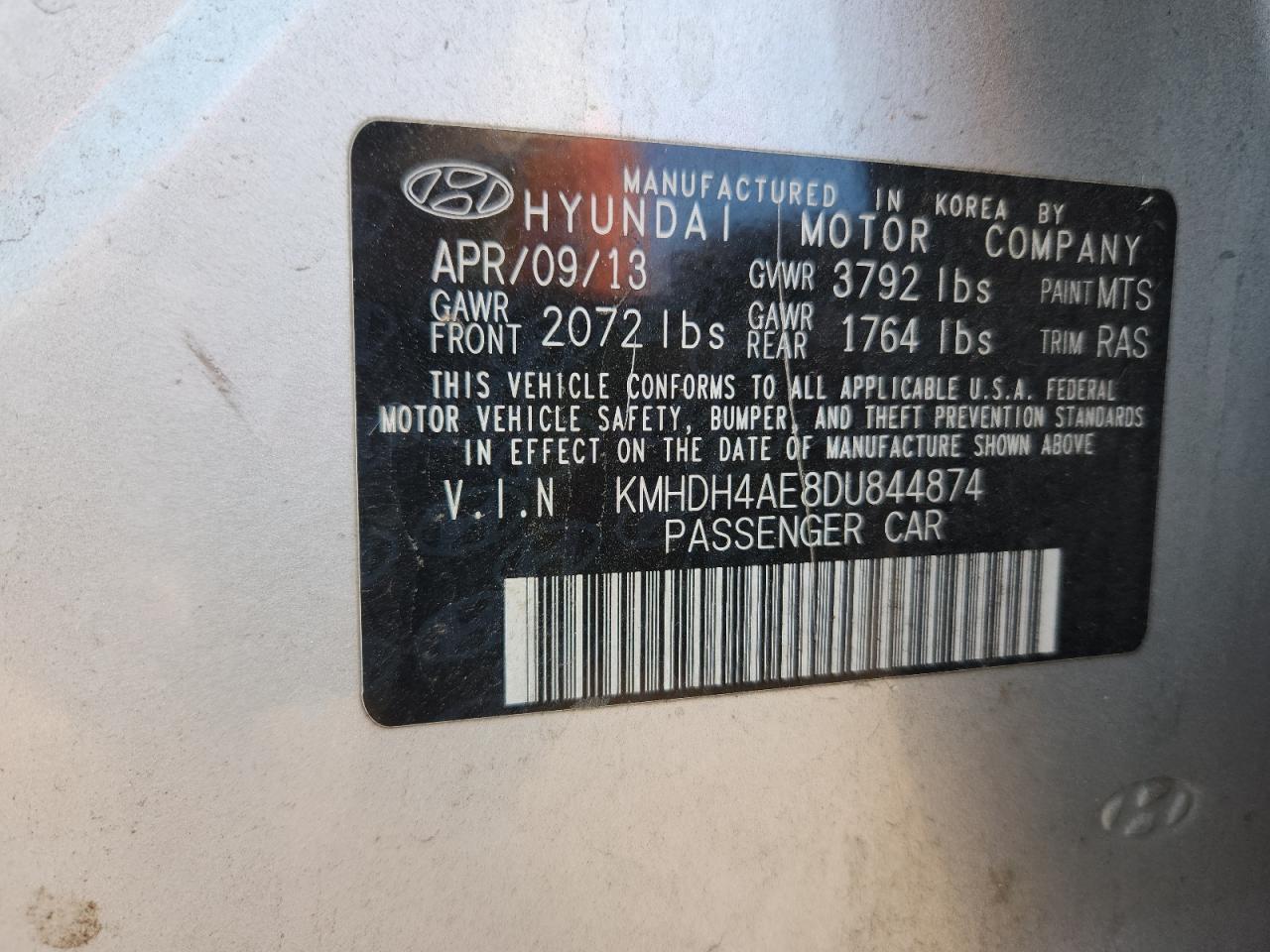 2013 Hyundai Elantra Gls VIN: KMHDH4AE8DU844874 Lot: 85917515