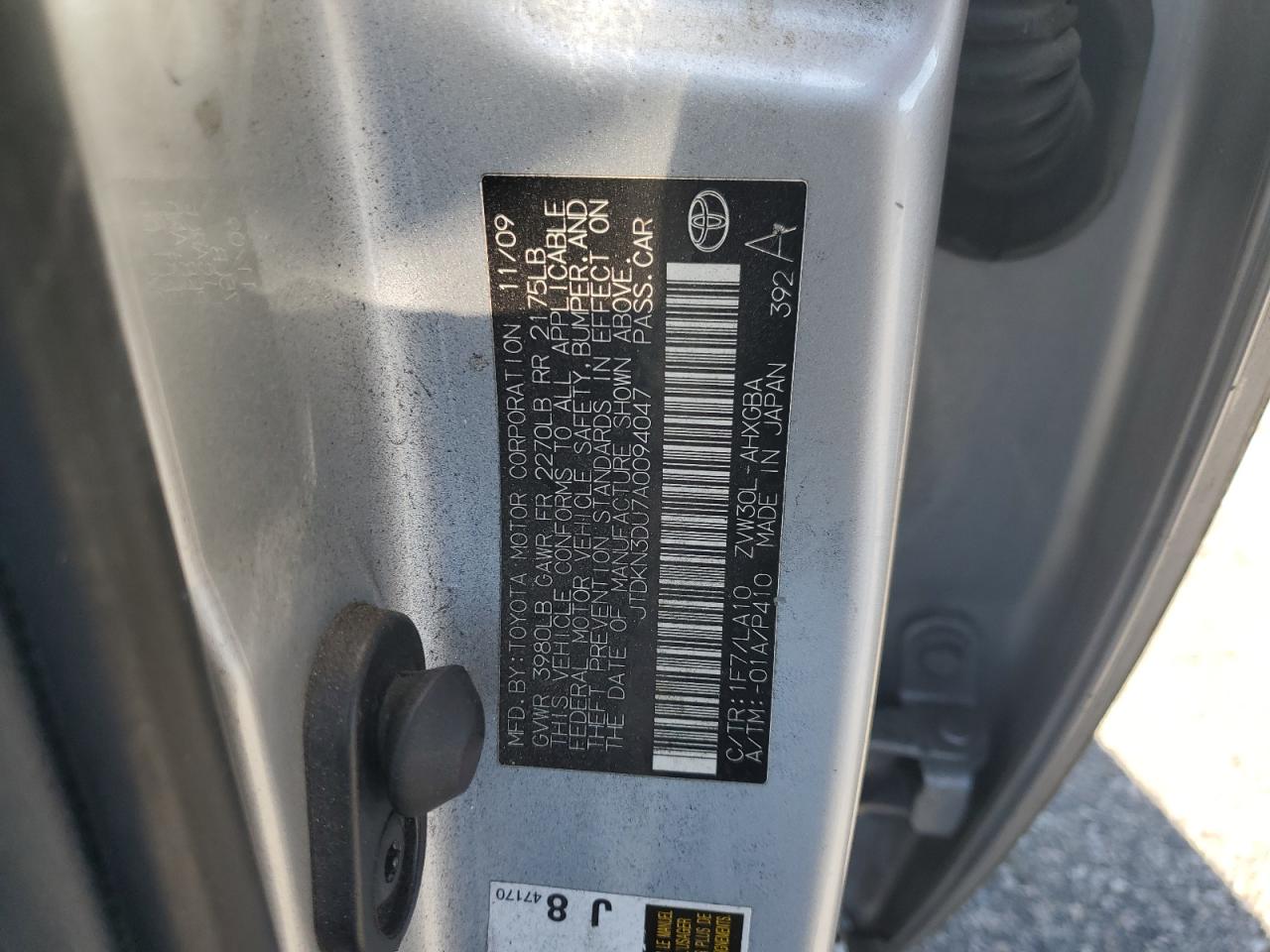 2010 Toyota Prius VIN: JTDKN3DU7A0094047 Lot: 86128485