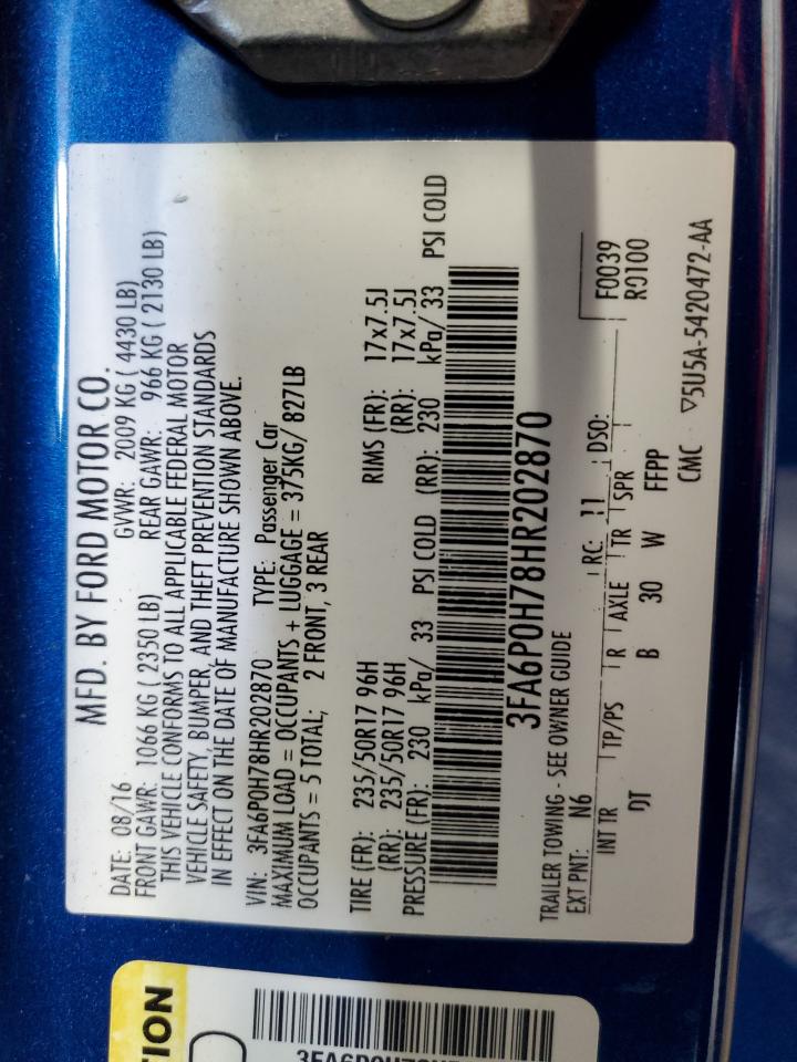 2017 Ford Fusion Se VIN: 3FA6P0H78HR202870 Lot: 90597965