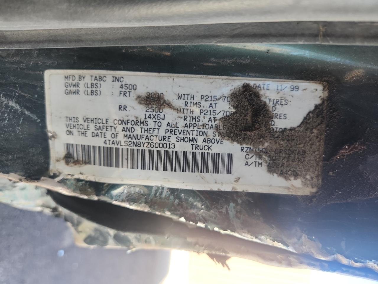 2000 Toyota Tacoma Xtracab VIN: 4TAVL52N8YZ600013 Lot: 85351465