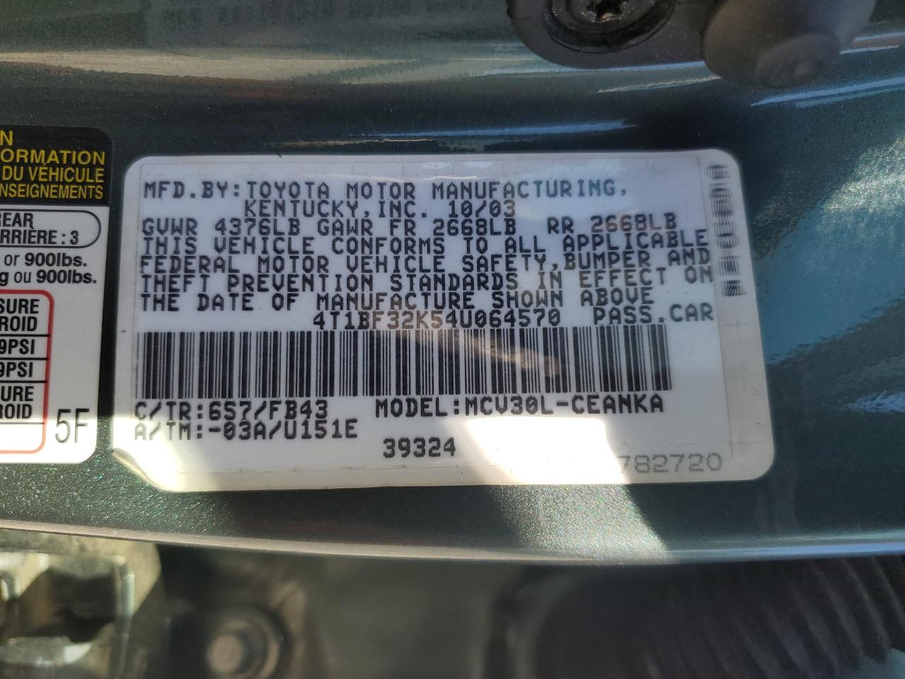 2004 Toyota Camry Le VIN: 4T1BF32K54U064570 Lot: 84811775
