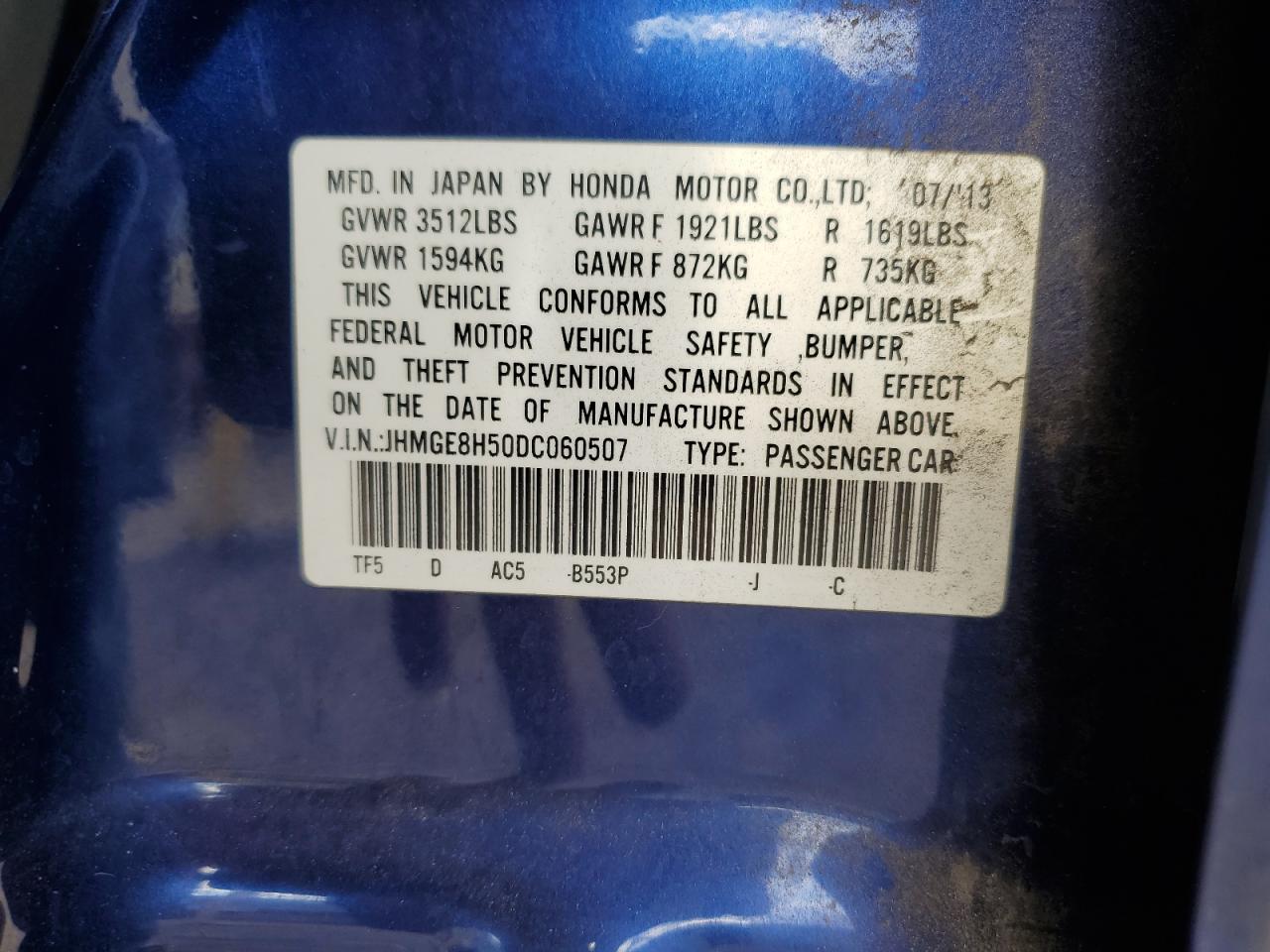 2013 Honda Fit Sport VIN: JHMGE8H50DC060507 Lot: 85590305