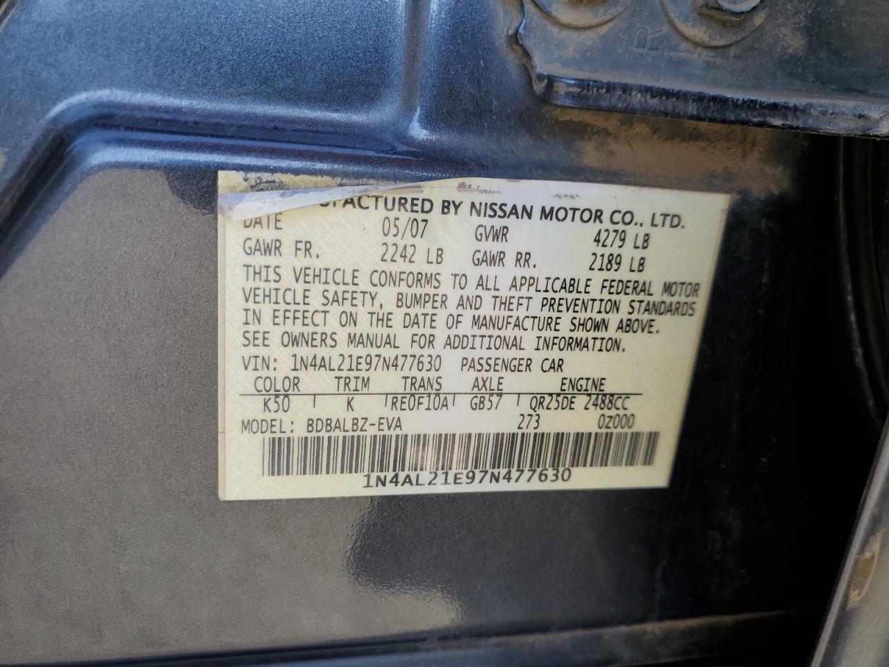 2007 Nissan Altima 2.5 VIN: 1N4AL21E97N477630 Lot: 82353485