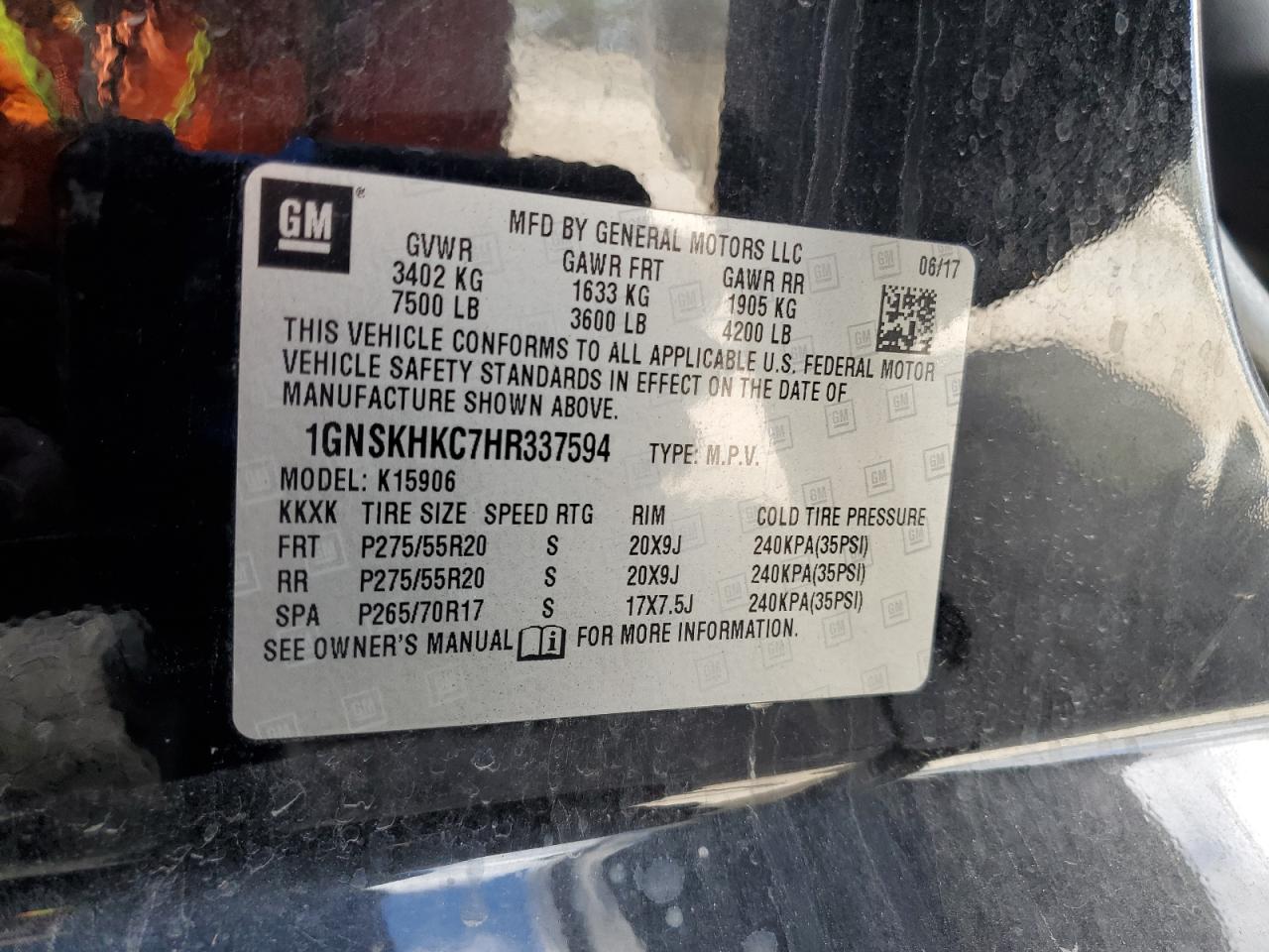 2017 Chevrolet Suburban K1500 Lt VIN: 1GNSKHKC7HR337594 Lot: 85523885
