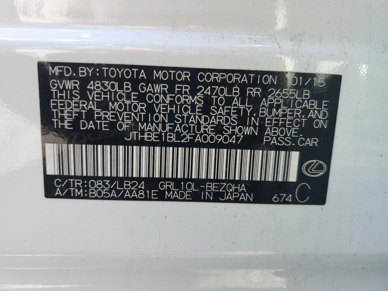 2015 Lexus Gs 350 VIN: JTHBE1BL2FA009047 Lot: 90432285