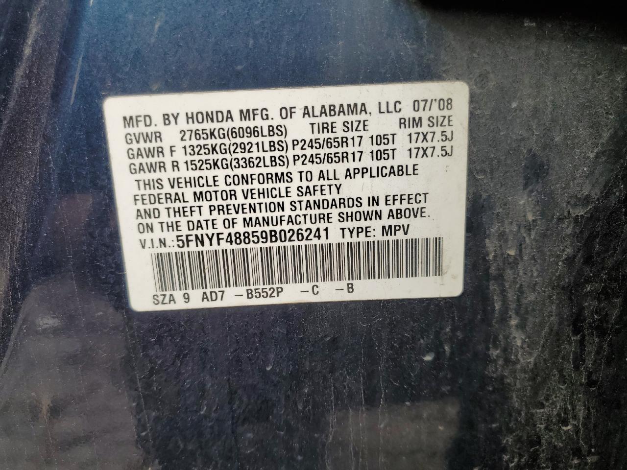 2009 Honda Pilot Touring VIN: 5FNYF48859B026241 Lot: 86626395