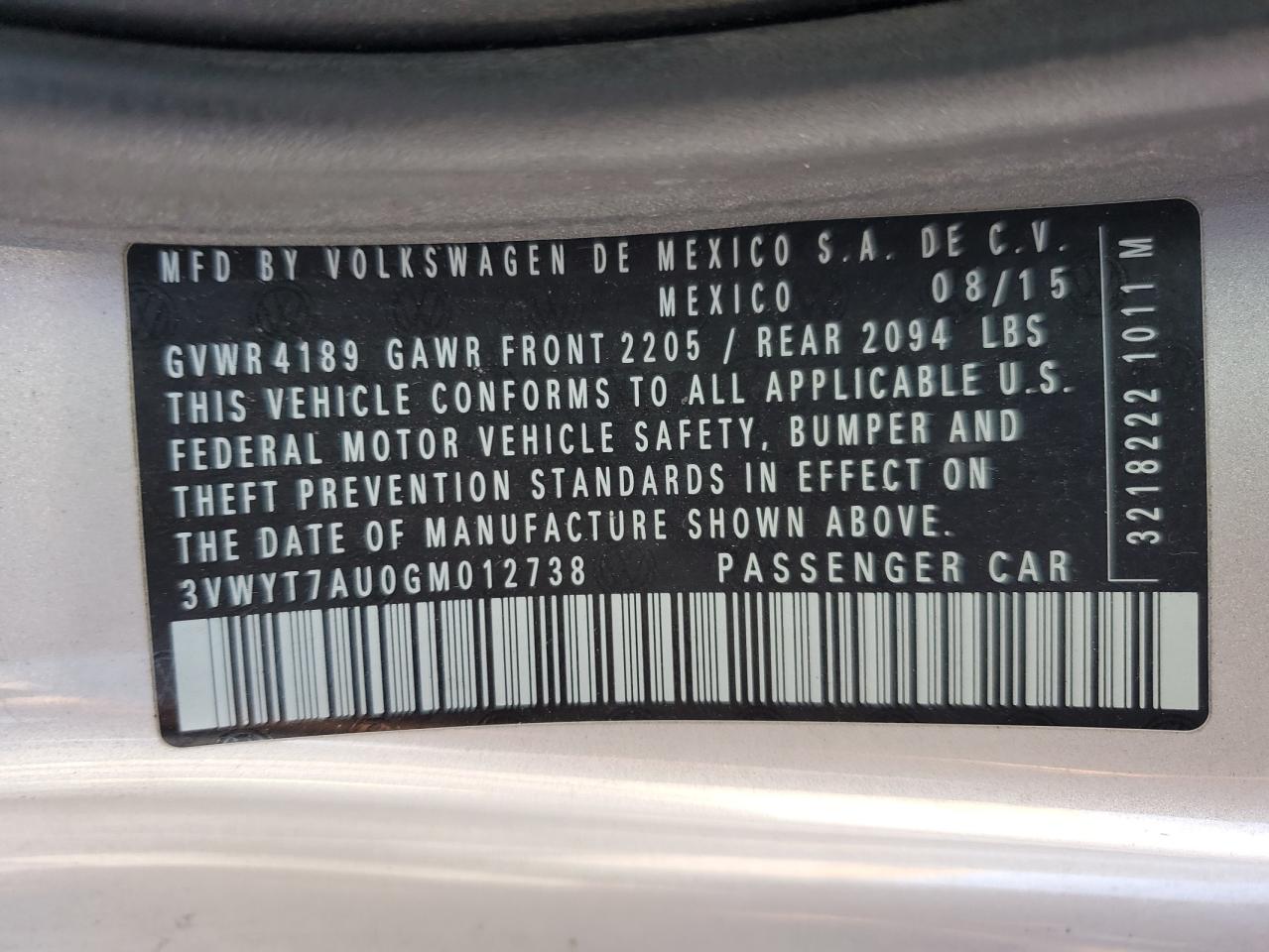 2016 Volkswagen Gti S/Se VIN: 3VWYT7AU0GM012738 Lot: 85782475